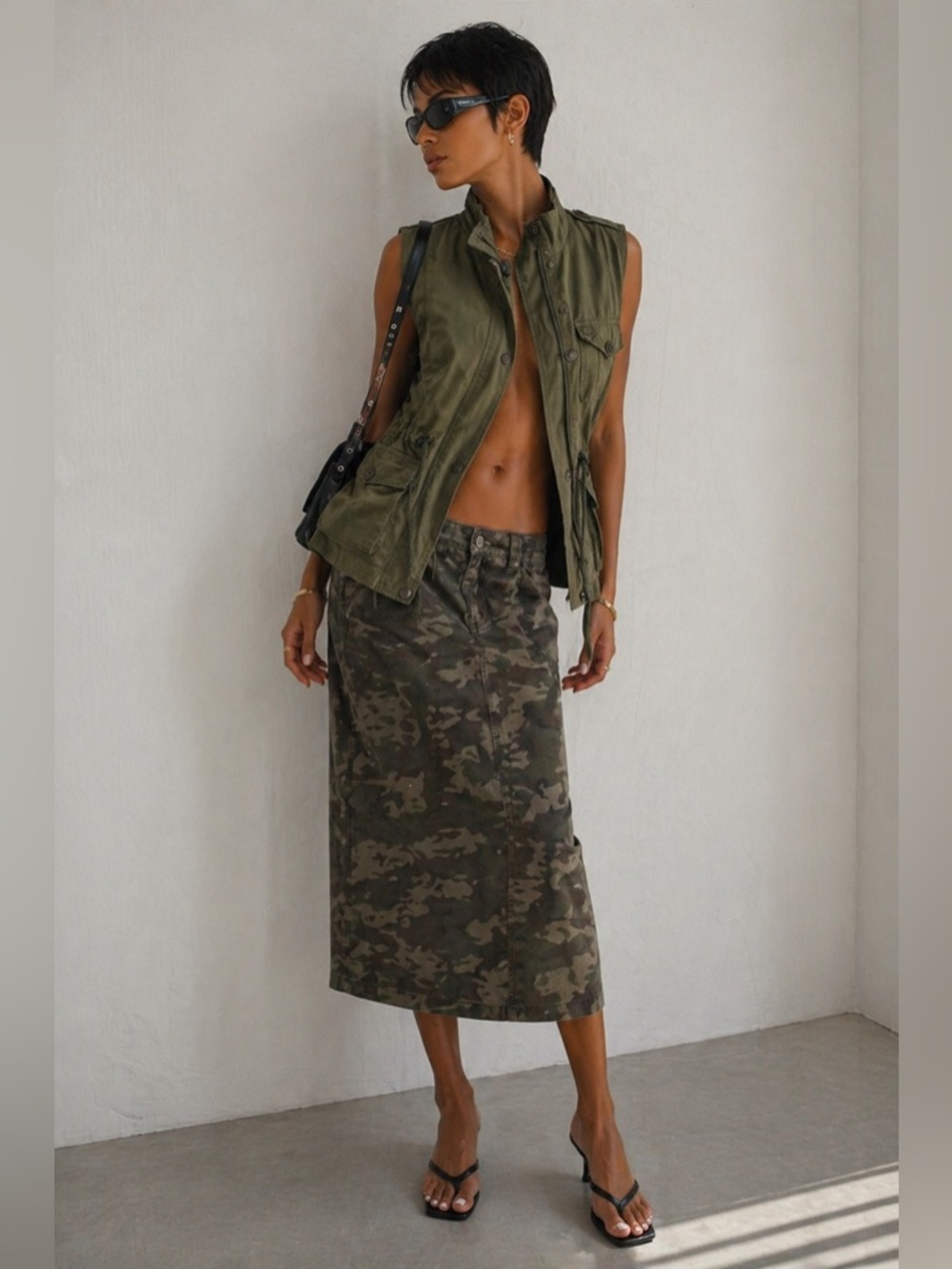 Army green vest with drawstring waist